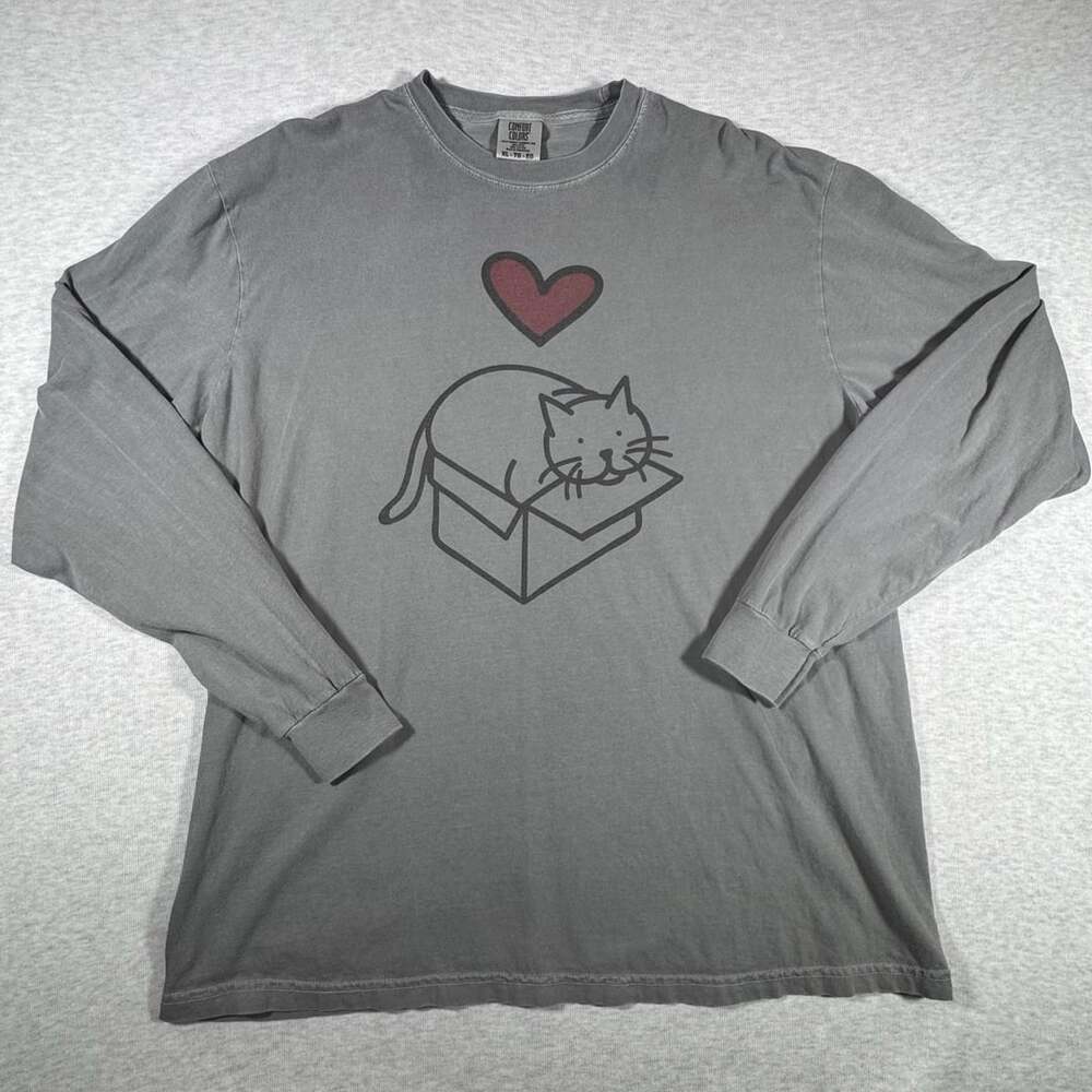 Comfort Colors Cat in Box Long Sleeve T-Shirt Size XL Gray